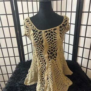 Fendi Tan Openwork Crocheted Short Sleeve Tunic